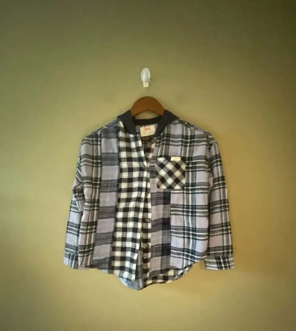 Justice Girls Purple Blue Plaid Mixed Print Hooded Flannel Button-Down Shirt Siz
